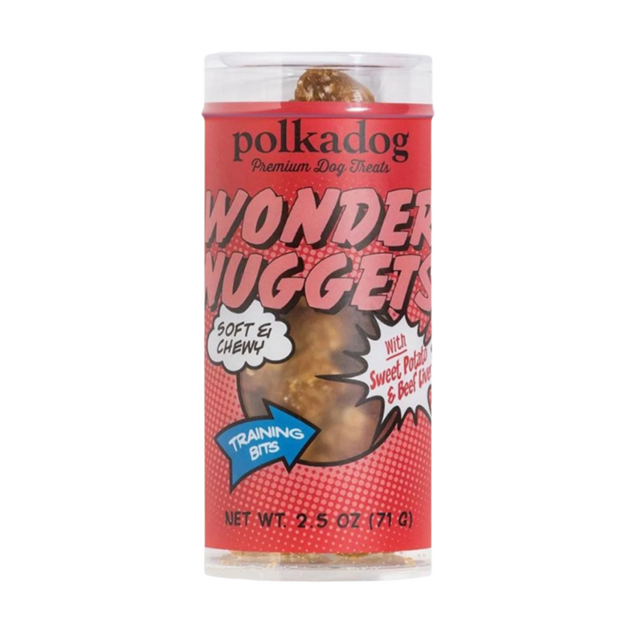 Polka Dog Wonder Nuggets Beef Sweet Potato Dog Treats in a transparent container on a white background.