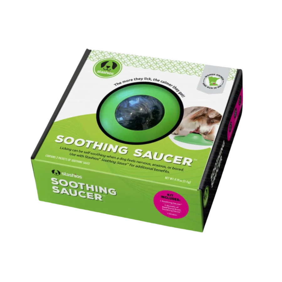 Soothing Saucer Kit Calming with Beef Samplers - Green and grey packaging with dog paw icons, featuring a soothing saucer for dog relaxation and calming.