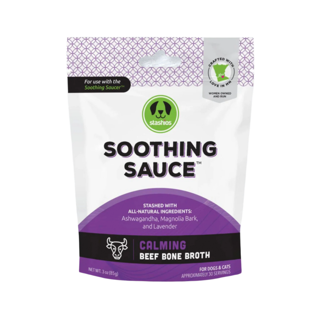 Calming beef bone broth supplement for dogs in a 3oz pouch, infused with ashwagandha, magnolia bark, and lavender to provide a soothing and relaxing effect.