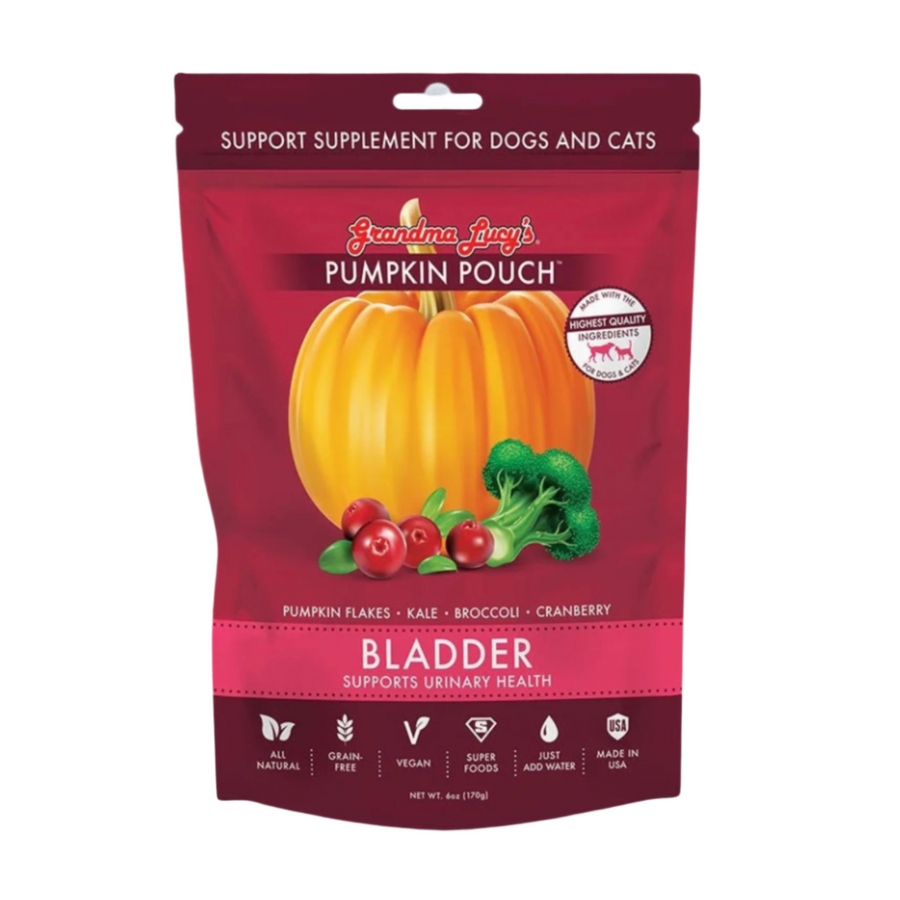 Grandma Lucy's Pumpkin Pouch Bladder 6oz. - Freeze-dried dog food supplement featuring pumpkin, kale, broccoli, and cranberry for urinary health support.