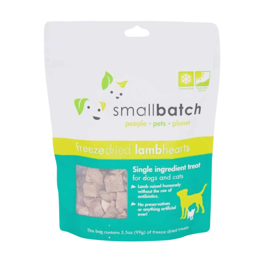 Single ingredient freeze dried lamb heart treats for dogs and cats, available in a 3.5oz resealable package from Small Batch.