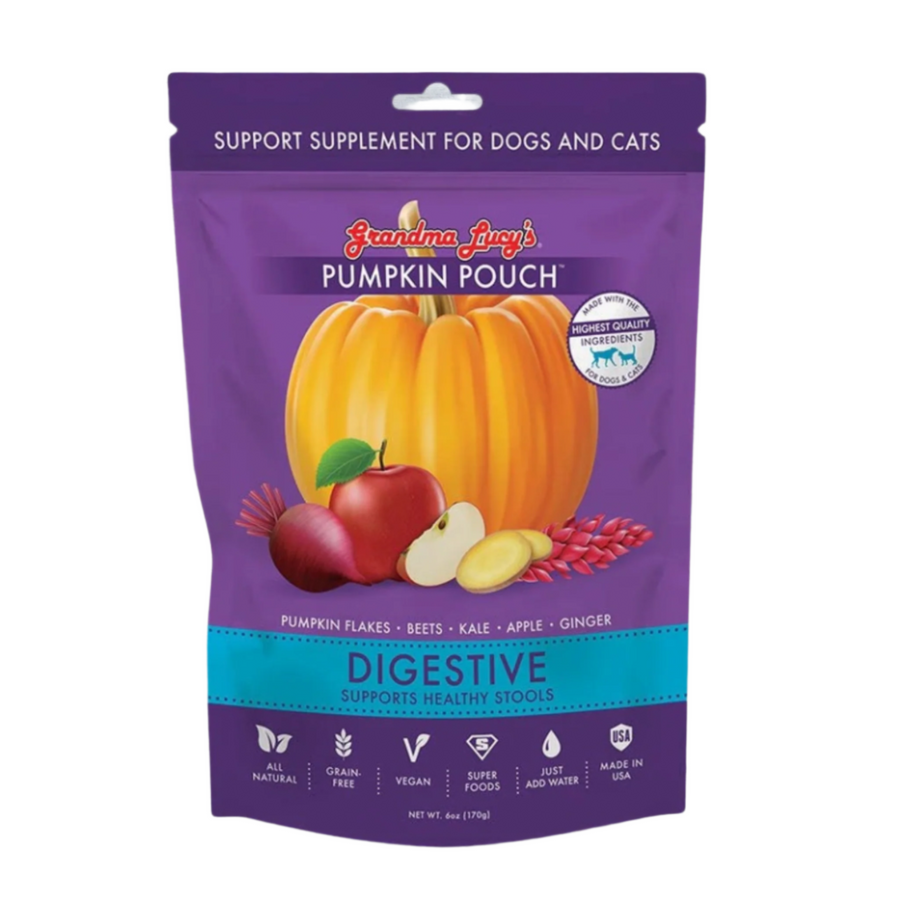 Vibrant orange pumpkin on a purple package of Grandma Lucy's Pumpkin Pouch Digestive dog food supplement, featuring healthy ingredients like beets, kale, apple, and ginger to support dogs' digestive health.