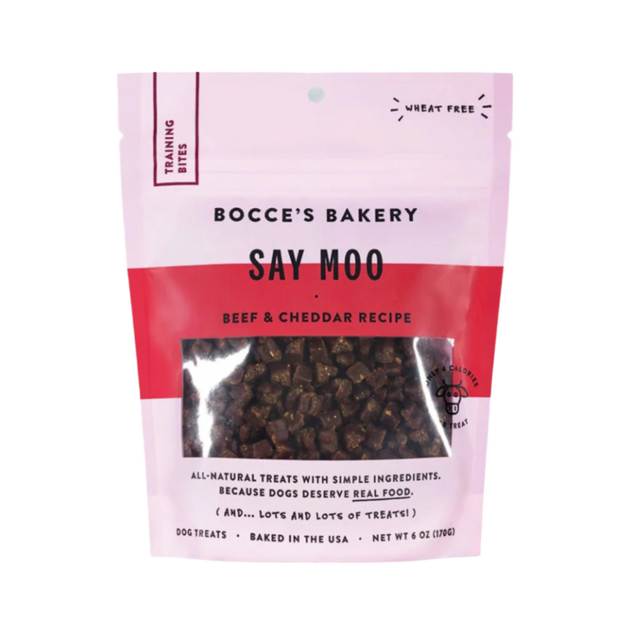 Delicious beef and cheddar dog treats from Bocce's Bakery, packaged in a vibrant pink and red bag.