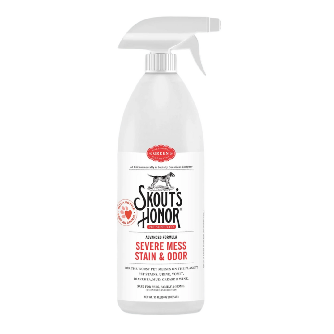 Skouts Honor Severe Mess Stain & Odor Removal Formula Spray Bottle on White Wooden Surface