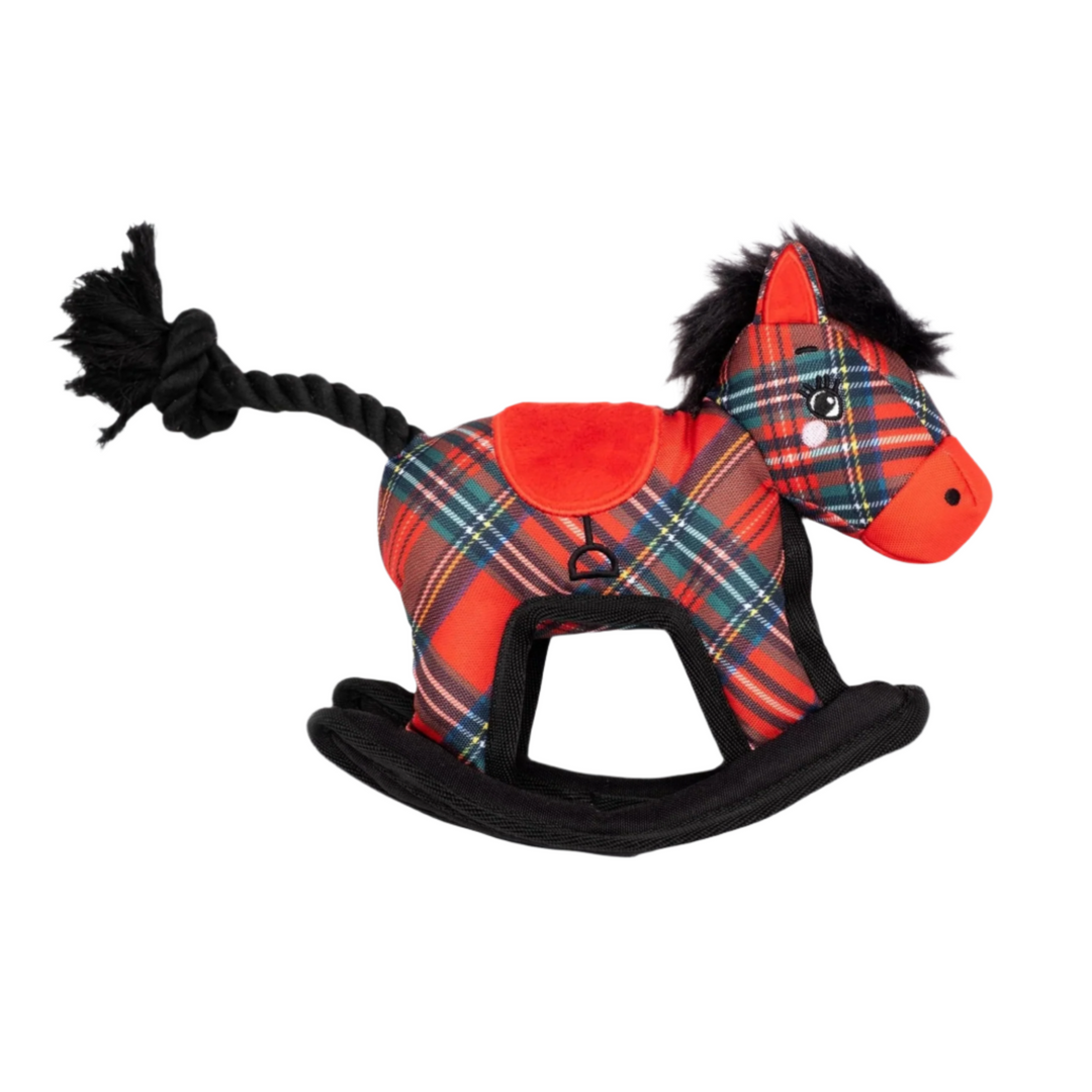 Plaid Rocking Horse Toy - Vibrant tartan-patterned plush rocking horse with faux fur mane and tail, offering interactive fun for pets at Ella's Emporium.