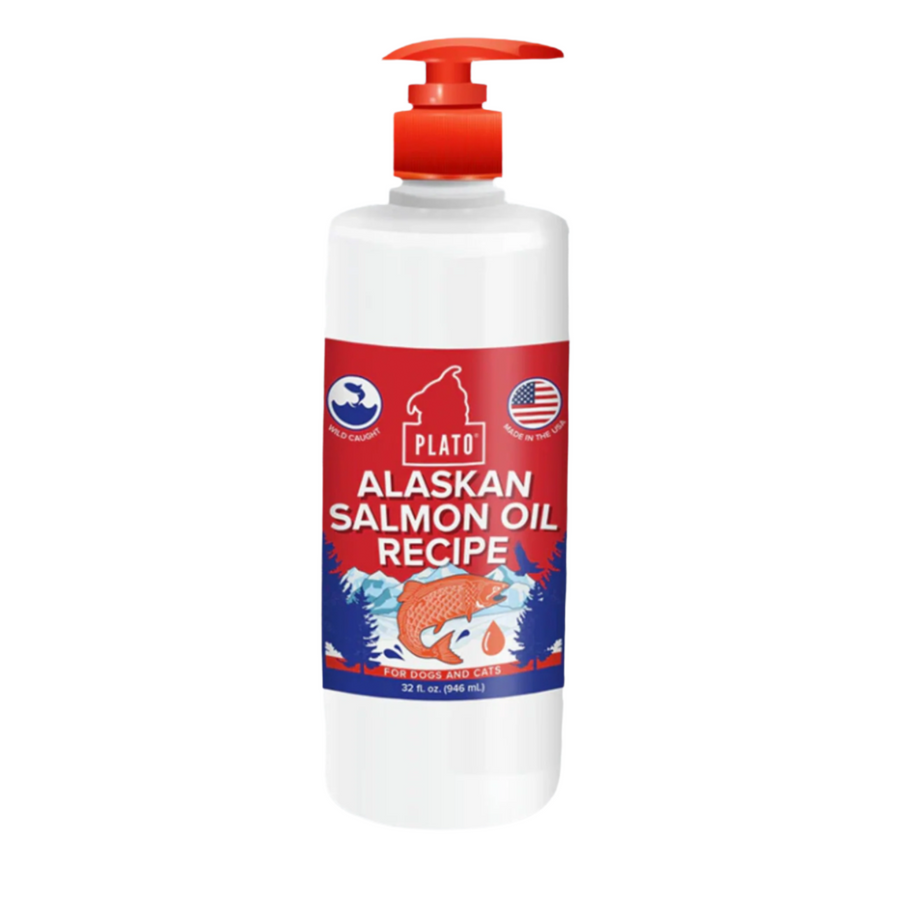 Plato dog treat bottle with Alaskan salmon oil recipe, featuring a red pump dispenser on a white background.