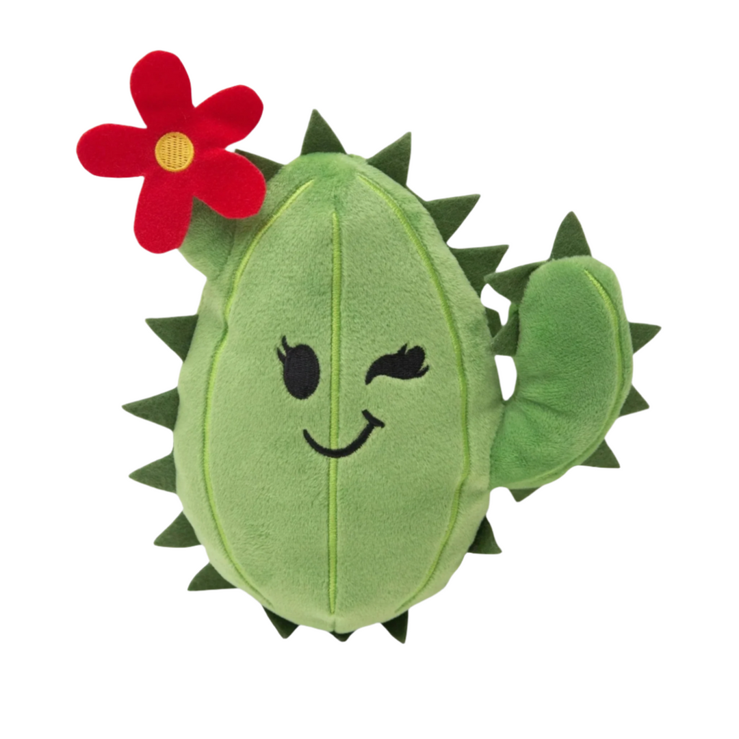 Plush green cactus with a red flower, part of the Snugarooz pet toy collection