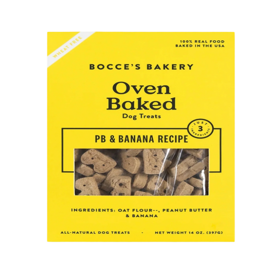 Oven-baked dog biscuits with peanut butter and banana, presented in a yellow and white packaging with the Bocce's Bakery brand name.