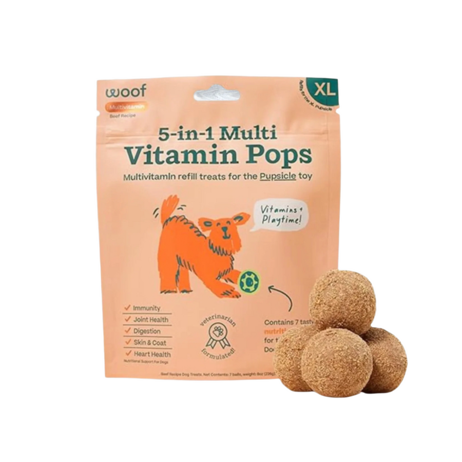 Woof Dog Wellness Pops Multifunctional XL, dog supplement vitamins on a wooden surface