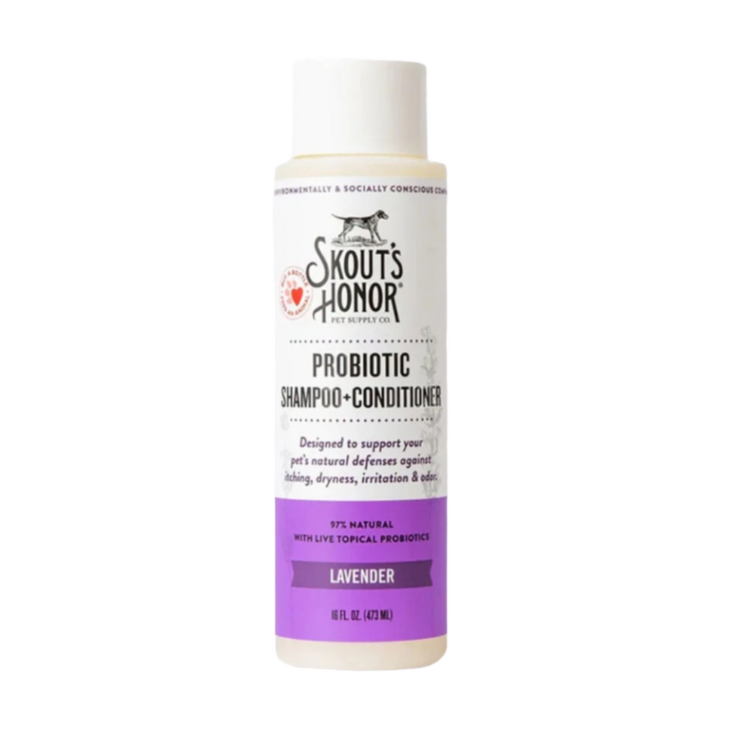 Lavender-scented dog shampoo and conditioner from Ella's Emporium, featuring the Skouts Honor brand. The 16 oz bottle is prominently displayed against a white background, showcasing the product's natural, probiotic-infused formula designed to support your pet's natural defenses.