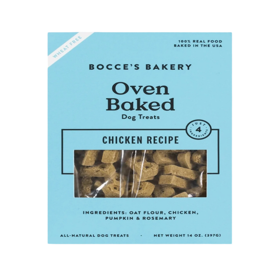 Delicious oven-baked dog treats from Bocce's Bakery, featuring a chicken and pumpkin recipe with all-natural ingredients for your furry friend.