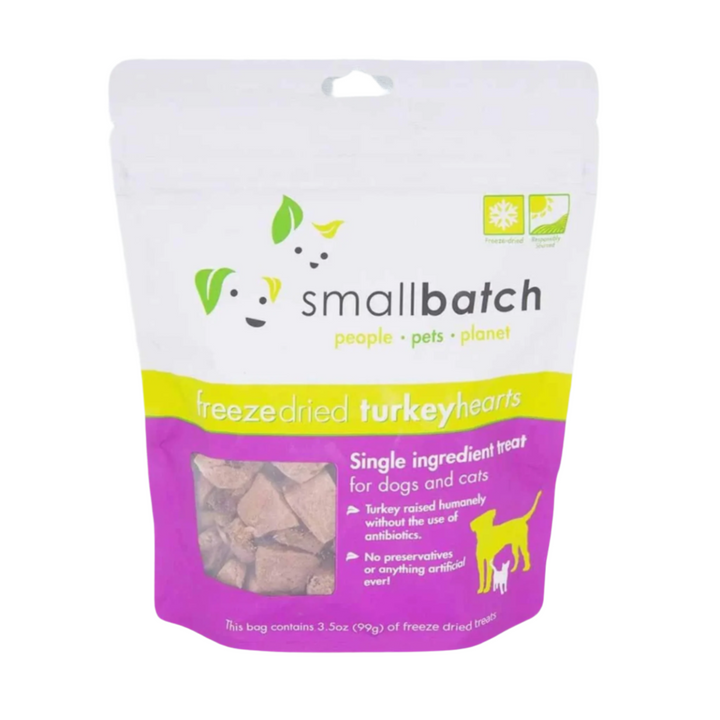 Small batch freeze-dried turkey hearts dog treats on a white background with product branding and information.