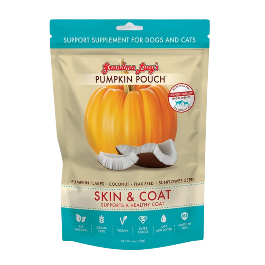 Grandma Lucy's Pumpkin Pouch Skin and Coat 6oz. - Freeze-dried dog food supplement with pumpkin, coconut, flax, and sunflower seeds to support a healthy coat