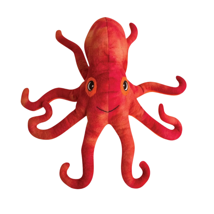 Vibrant red octopus plush toy on white background