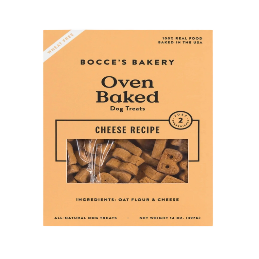 Tasty oven-baked dog treats from Bocce's Bakery, featuring a cheese recipe made with natural ingredients like oat flour and cheese.