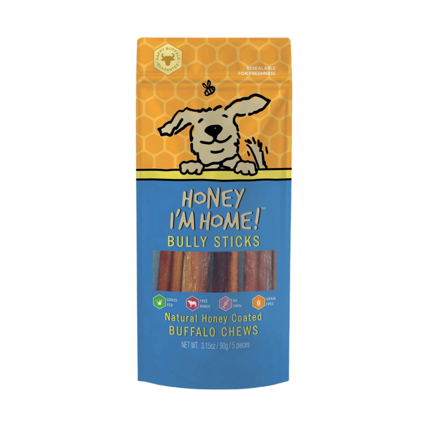 Natural honey-coated buffalo bully chews in a 5-pack from Ella's Emporium, a store providing the best dog products.