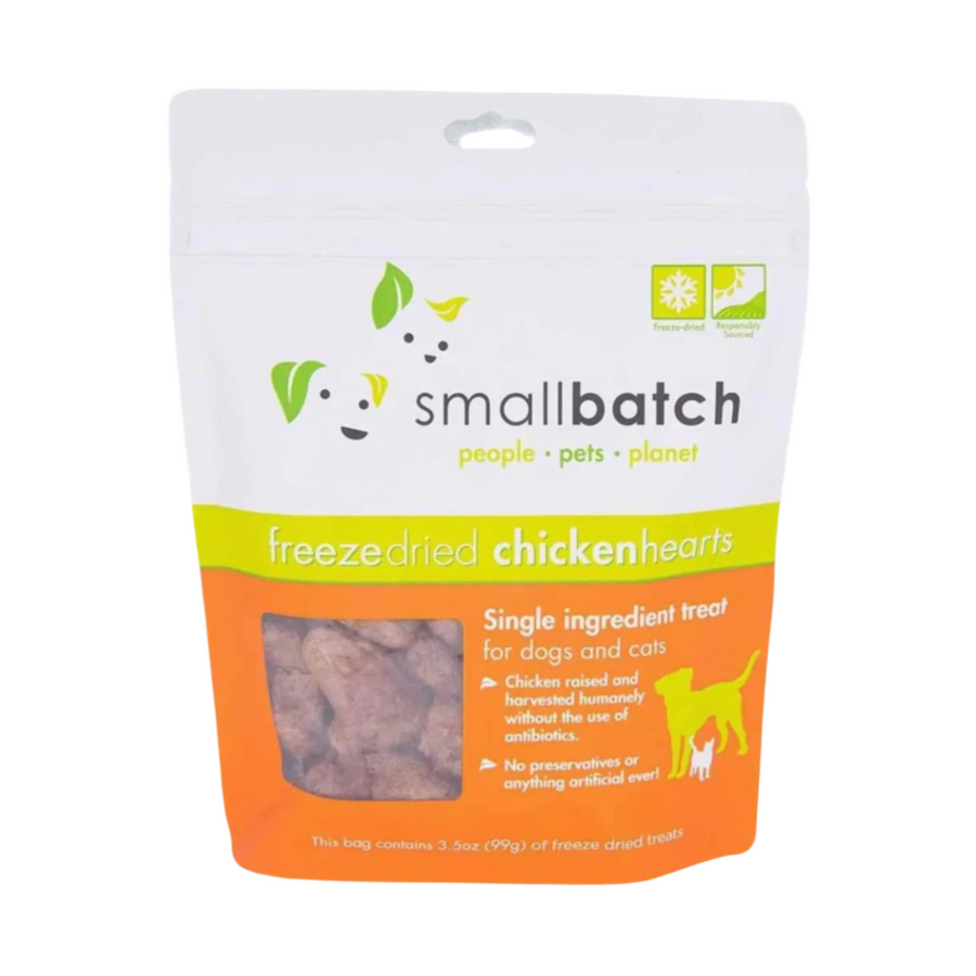 Single-ingredient freeze-dried chicken hearts dog treat from Small Batch, a brand offering the best pet products.