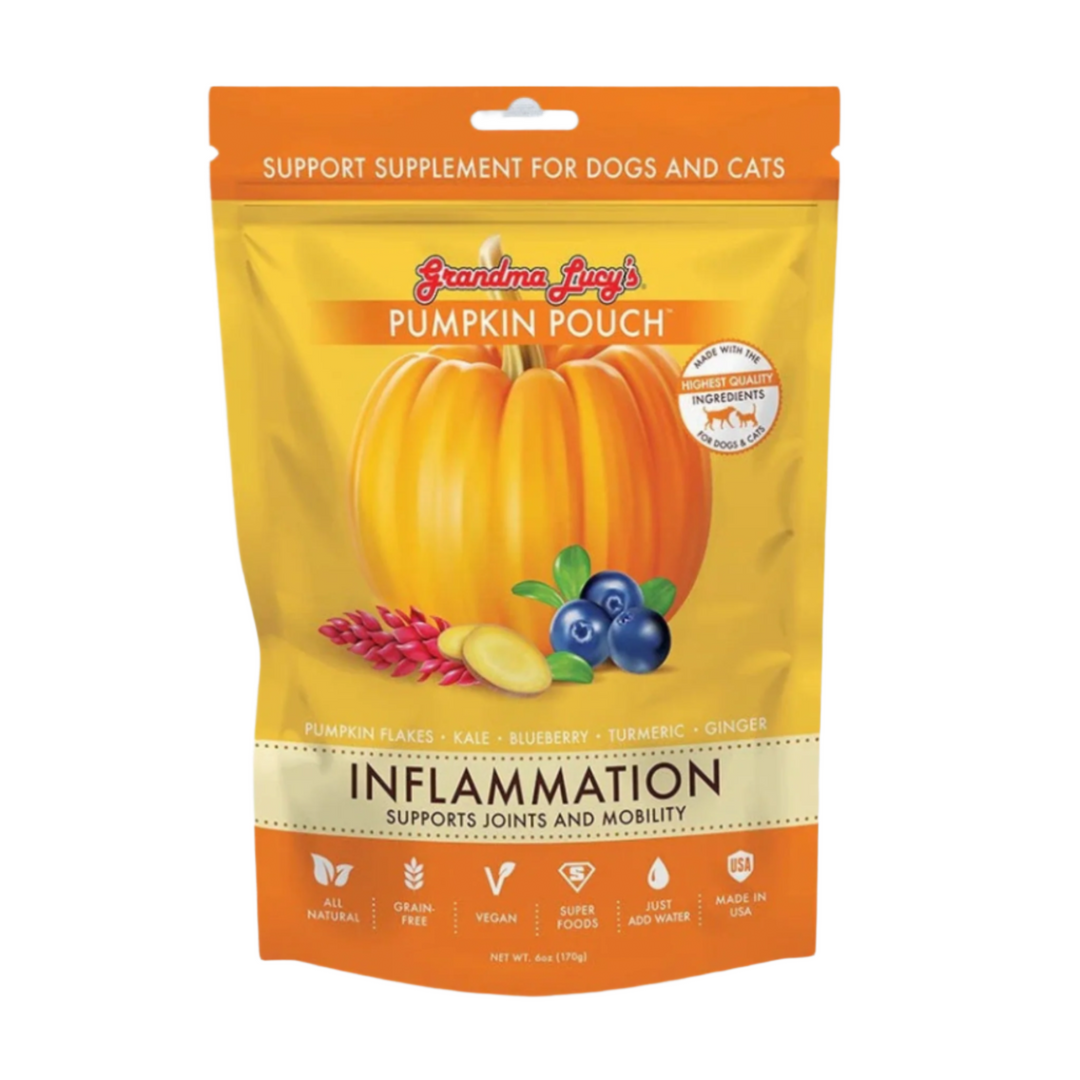 Grandma Lucy's Pumpkin Pouch Inflammation 6oz. dog food supplement on white wooden background