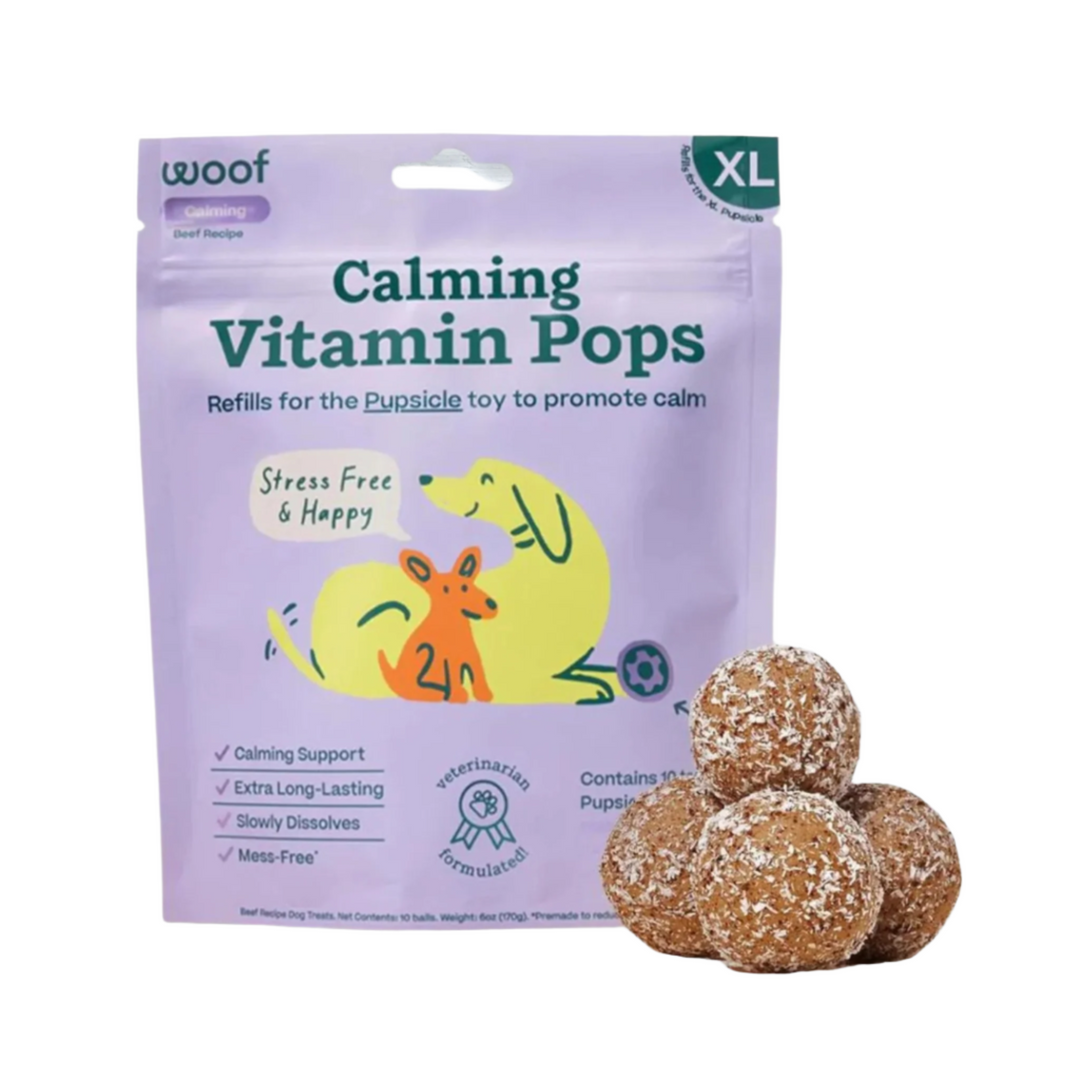 Calming dog wellness pops in XL size, featuring stress-free and happy dog graphics on the packaging, designed to promote calm through calming support and extra long-lasting natural ingredients.