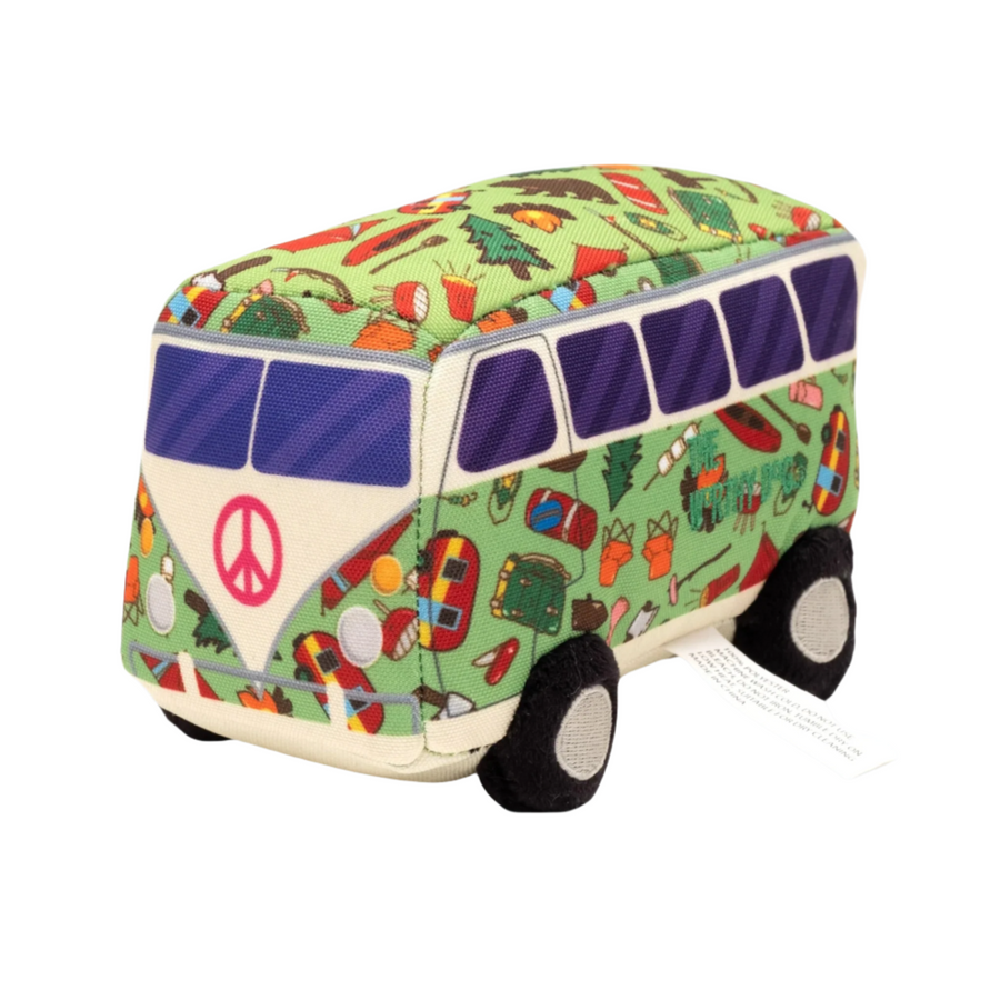 Colorful plush Volkswagen bus toy with hippie-inspired floral and peace sign design