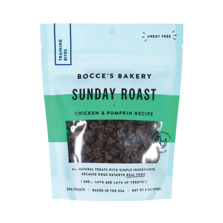 Bocces Bakery Sunday Roast 6oz. dog treats, chicken and pumpkin recipe, all-natural ingredients, made in the USA.