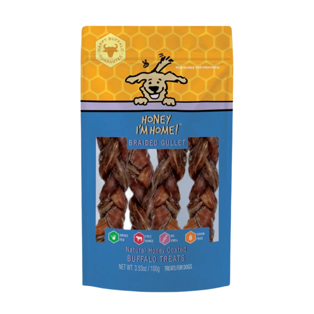 Tasty honey-coated buffalo braided gullet dog treats from Ella's Emporium, a store providing the best dog products.