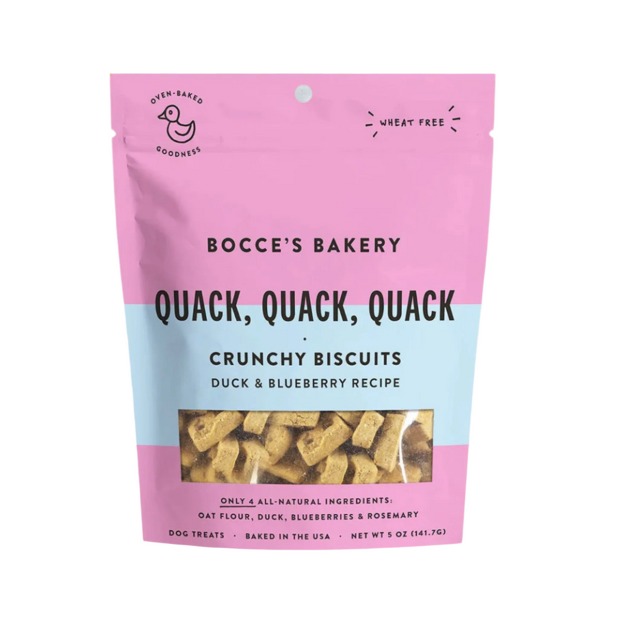 Bocces Bakery Quack Quack Quack Crunchy Dog Biscuits - All-natural duck and blueberry flavored treats for dogs, packaged in a pink bag