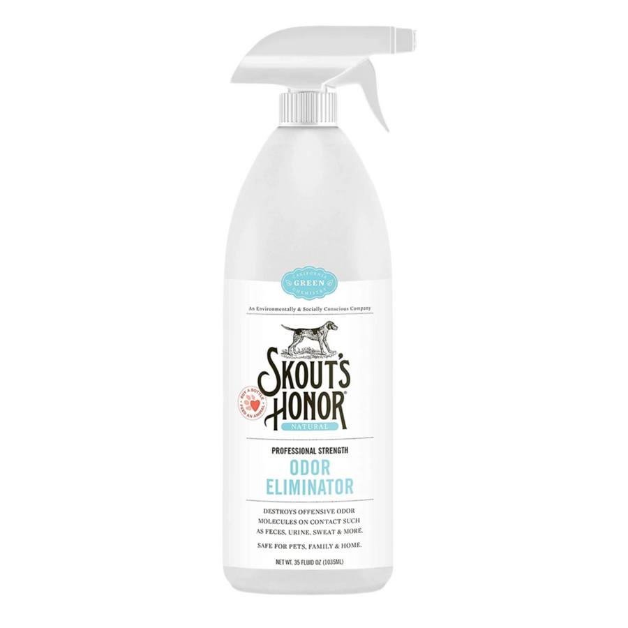 Skouts Honor Dog Odor Eliminator 35oz. spray bottle on a plain white background.