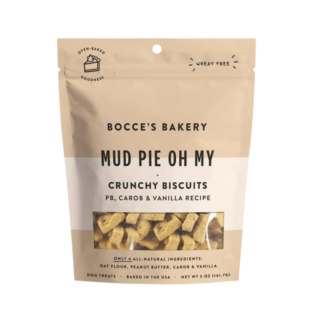 Delicious wheat-free crunchy dog biscuits from Bocces Bakery, featuring a peanut butter, carob, and vanilla recipe in an appealing mud pie oh my design.