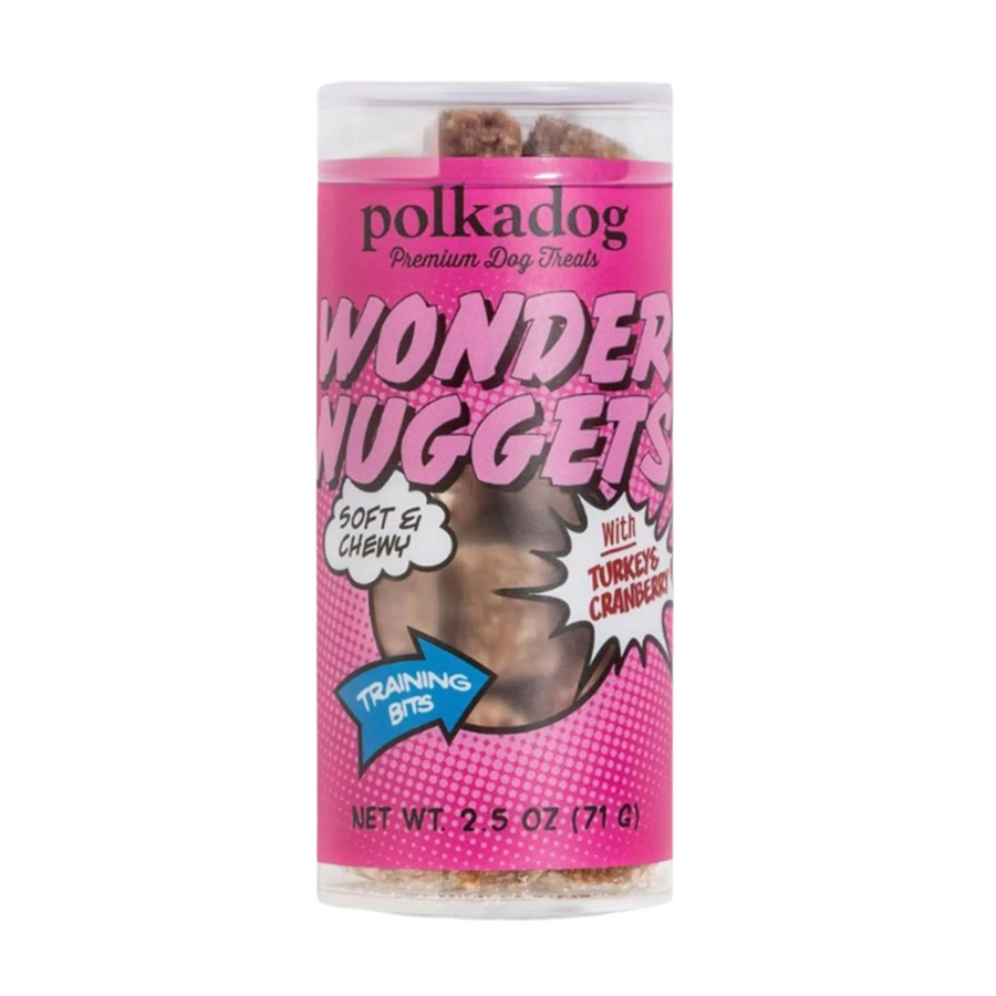 Polka Dog Wonder Nuggets Turkey Cranberry Mini 2.5oz. - Healthy, soft dog treats from Polka Dog Bakery, displayed in a pink package.