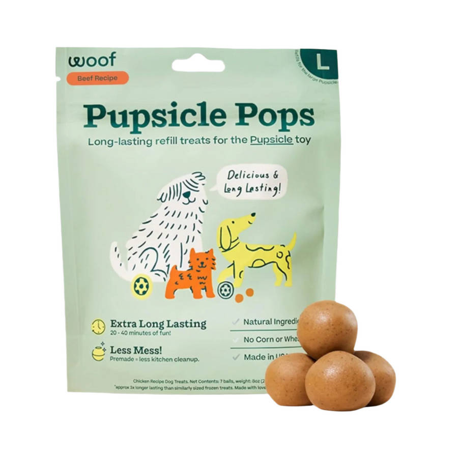 Woof Dog Pupsicle Pops: Soft, chewy dog treats with beef and peanut butter flavors, designed for use with the Pupsicle toy.