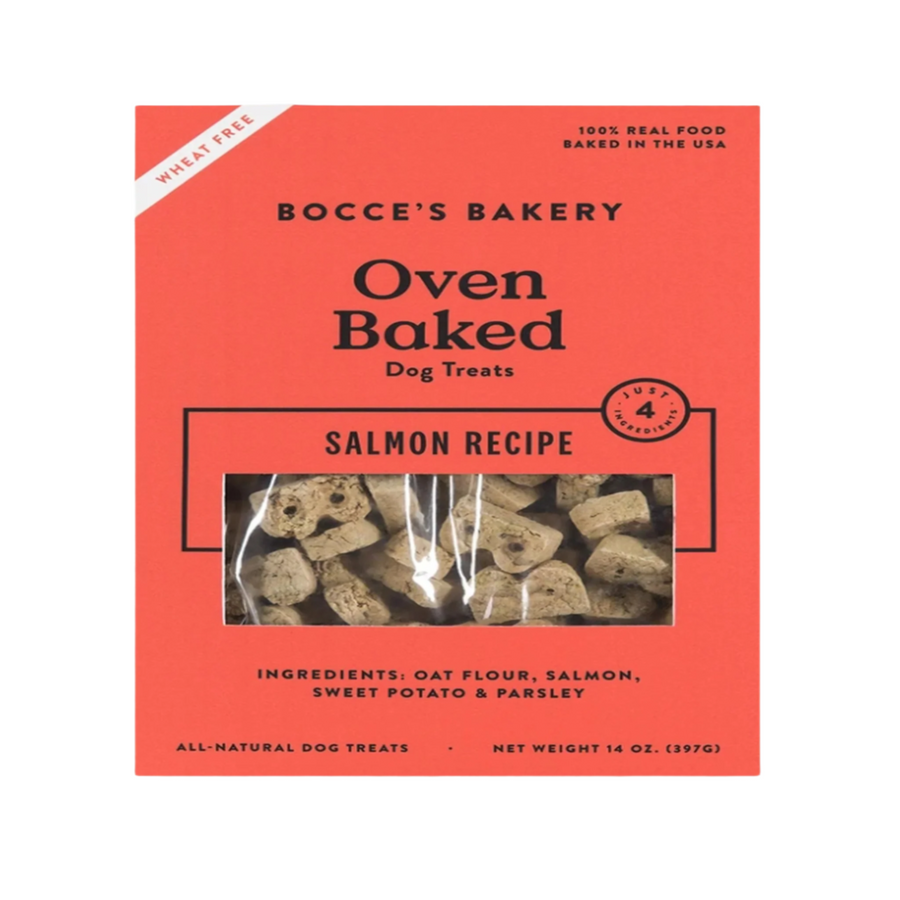 Nutritious salmon and sweet potato dog treats from Bocce's Bakery, an all-natural and oven-baked dog treat brand.