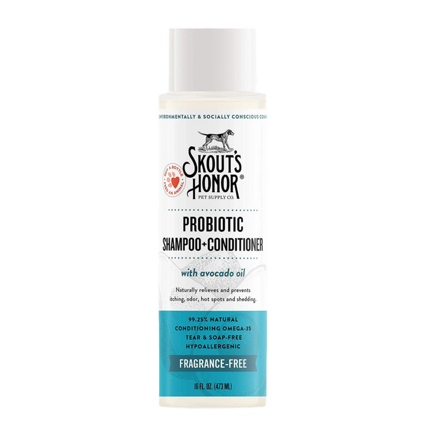 Skouts Honor Probiotic Shampoo-Conditioner for Puppies 16oz., a gentle, hypoallergenic dog grooming product infused with avocado oil to nourish and protect puppy skin and coat.