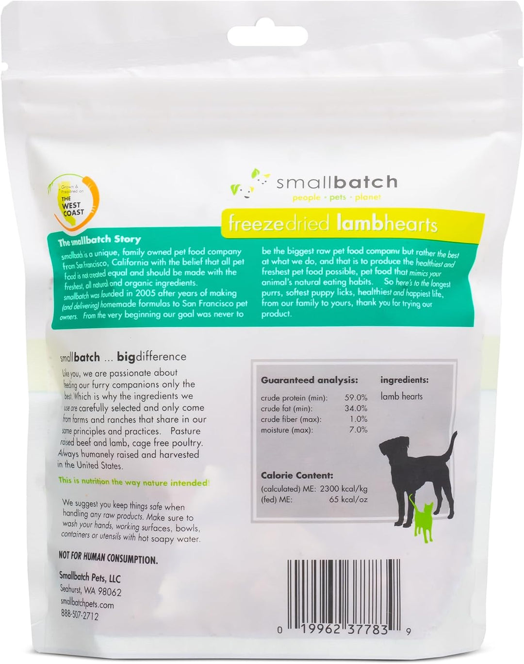 Small batch freeze dried lamb hearts dog treat in a 3.5 oz pouch with green and yellow labeling, showcasing the high-quality natural ingredients.