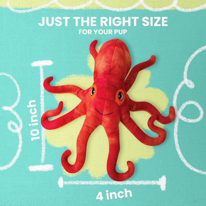 Colorful plush red octopus toy, measuring 4 inches, resting on a green and white patterned background, advertising that it's "just the right size for your pup".