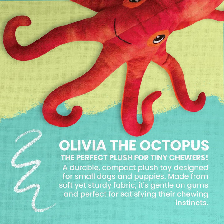 Vibrant red Olivia the Octopus plush dog toy, a compact and durable fabric design for small dogs and puppies to chew and satisfy their natural instincts.