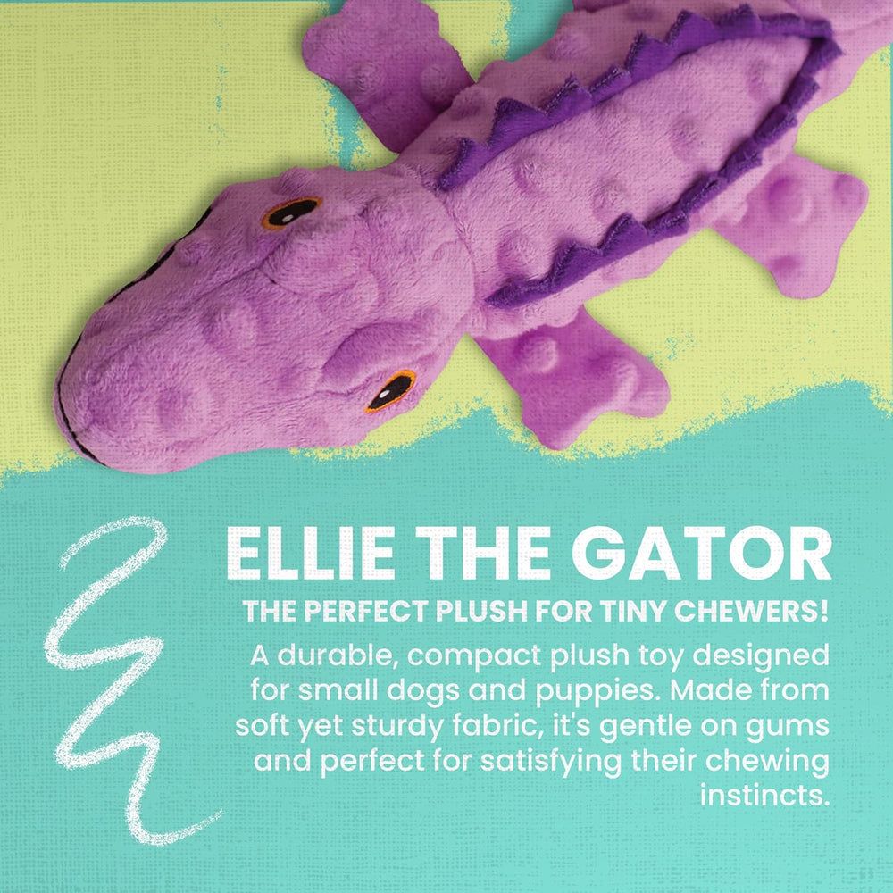 Snugarooz Ellie The Gator Purple 12in. plush dog toy - a durable, compact chew toy designed for small dogs and puppies, with a soft yet sturdy fabric for gentle chewing.