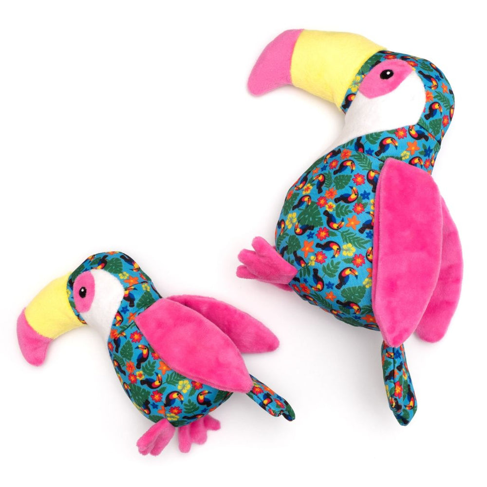 Colorful plush toucan toy featuring vibrant tropical patterns and playful design, ideal for engaging your furry companion.