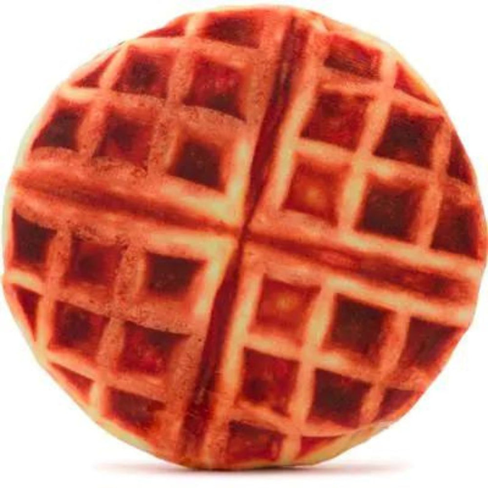 Circular waffle dog toy with a distinctive red, textured pattern