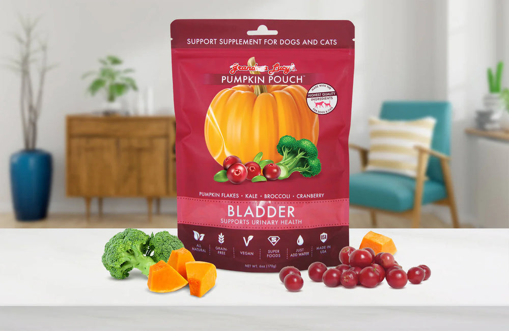 Colorful freeze-dried dog food pouch featuring pumpkin, vegetables, and cranberries on a shelf with other pet supplies.