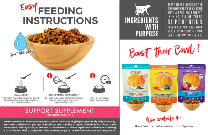 Grandma Lucy's Pumpkin Pouch Bladder 6oz. dog food freeze-dried product in a wooden dish surrounded by the brand's other dog food supplements on a white background. The image includes simple feeding instructions and emphasizes the product's purpose of supporting a dog's health.