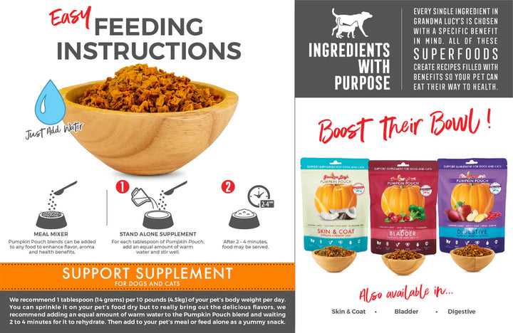 Grandma Lucy's Pumpkin Pouch Inflammation 6oz Dog Food
This image shows a ceramic dog bowl filled with Grandma Lucy's Pumpkin Pouch Inflammation 6oz dog food. The product is part of Ella's Emporium, a store providing the best dog products. The image also includes icons and text providing easy feeding instructions and information about the product's healthy, targeted ingredients designed to support a dog's wellbeing.