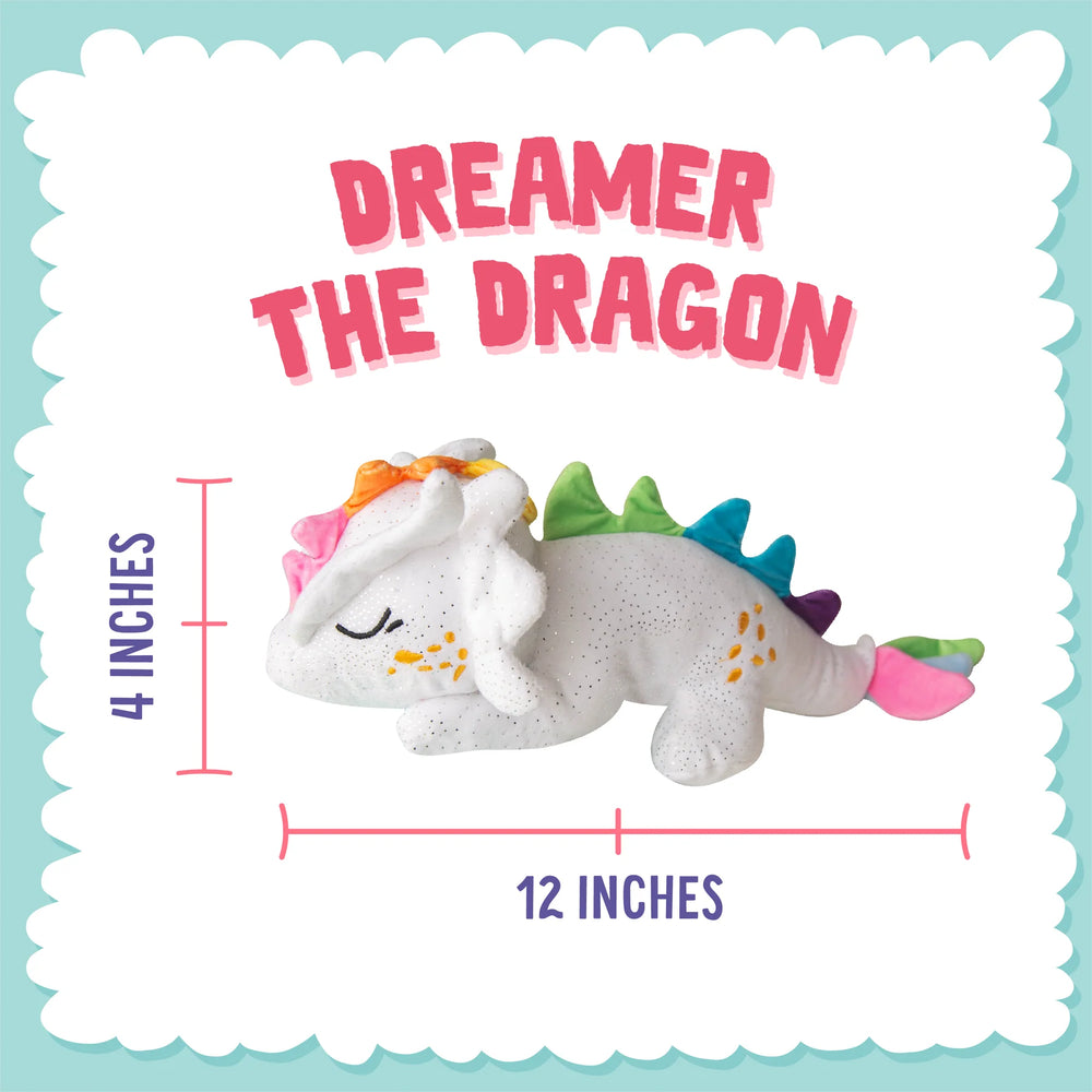 Soft plush dragon toy with colorful accents measuring 14 inches in length, displayed against a light blue background.