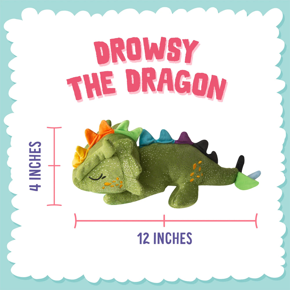 Colorful plush dragon toy "Drowsy The Dragon" by Snugarooz, measuring 14 inches in length and 4 inches in height, displayed against a patterned background.