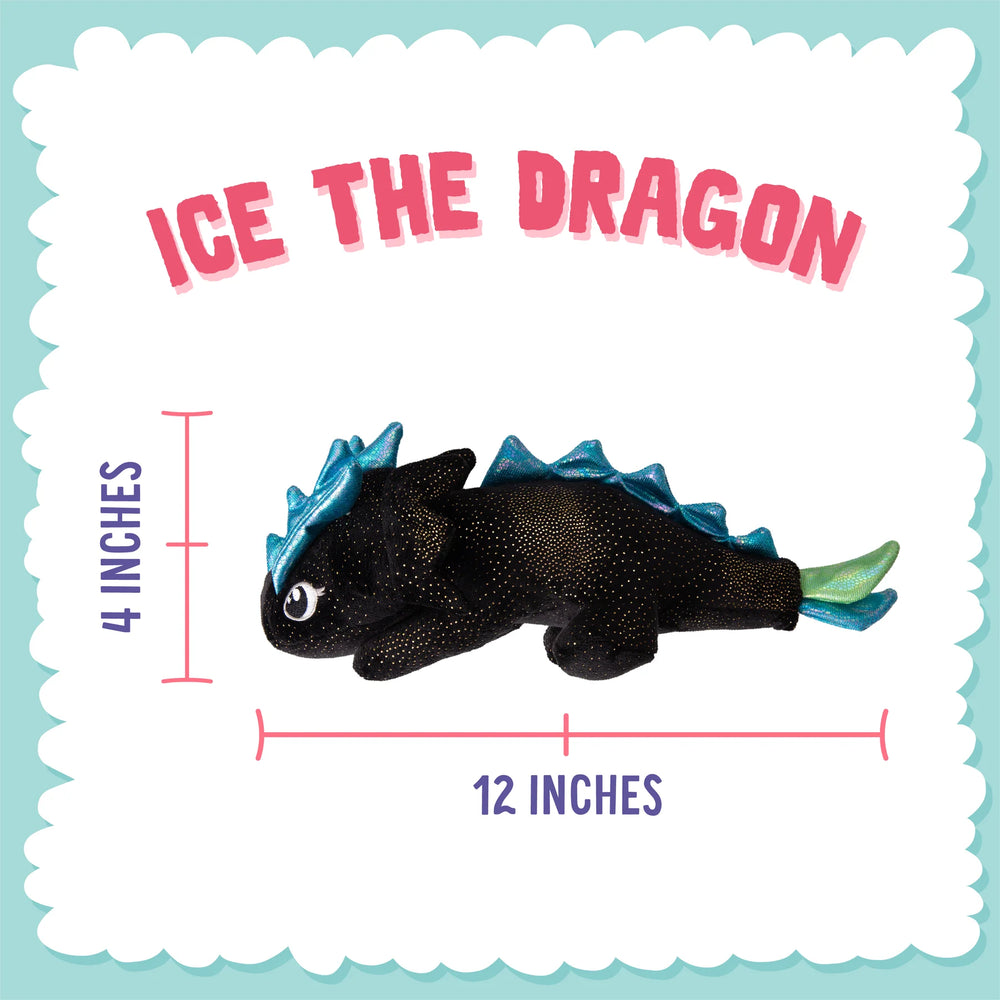 Plush dragon toy with detailed textured design, 14 inches in length, positioned on a light blue background with product information