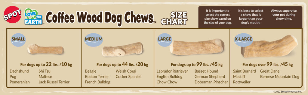 Rustic coffee-colored wood dog chew toy in extra-large size, part of size chart showcasing multiple dog chew sizes for Ethical Pet Products.