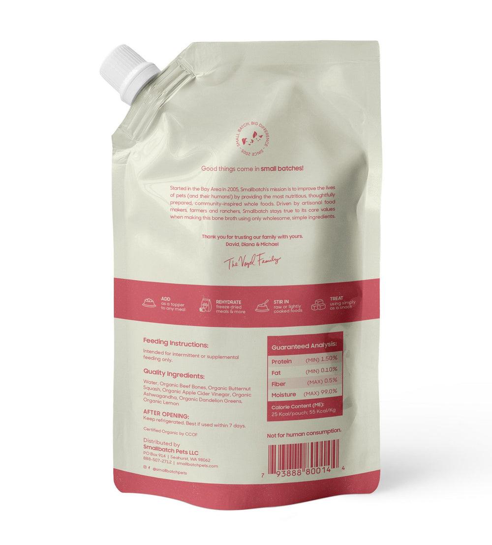 Small Batch Shelf Stable Organic Beef Bone Broth - 16oz. dog food in a white and red pouch with product details and nutrition information visible.